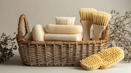 Natural cleaning products, Brushes, sponges, rubber gloves and natural cleaning products in a basket