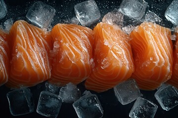 Fresh salmon steaks resting on ice, vibrant orange texture and detailed icy background showcasing...