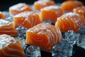 Fresh salmon steaks resting on ice, vibrant orange texture and detailed icy background showcasing...