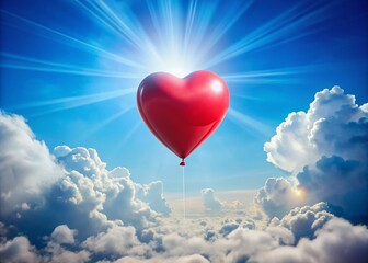 Fototapeta premium A Heart Shaped Balloon Floating Amidst Fluffy Clouds in a Bright Blue Sky, Capturing the Essence of Love and Freedom with a Touch of Whimsy and Joyful Serenity