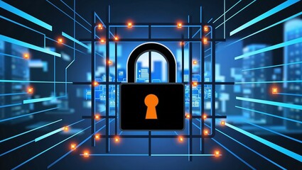 Cybersecurity concept with padlock and city skyline in the background