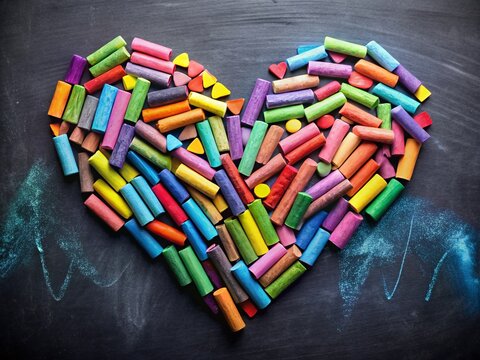 A Heart-Shaped Arrangement of Vibrant Colored Chalks on a Blackboard, Perfect for Creative Projects and Educational Themes