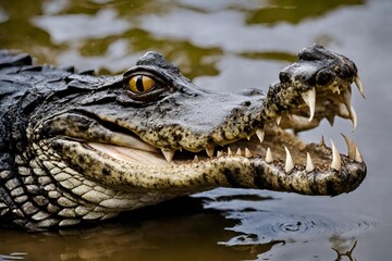 Obraz premium A close-up shot of a Caiman crocodile gliding through the water