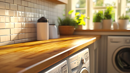 Wooden laundry countertop in a room with washer and dryer