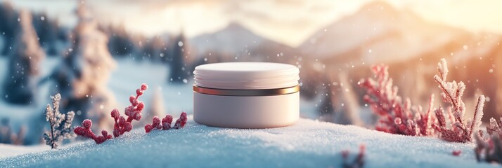 A white jar of lotion is placed on a snowy hillside next to some red flowers. Concept of tranquility and serenity, as the lotion jar stands out against the white snow and the vibrant red flowers