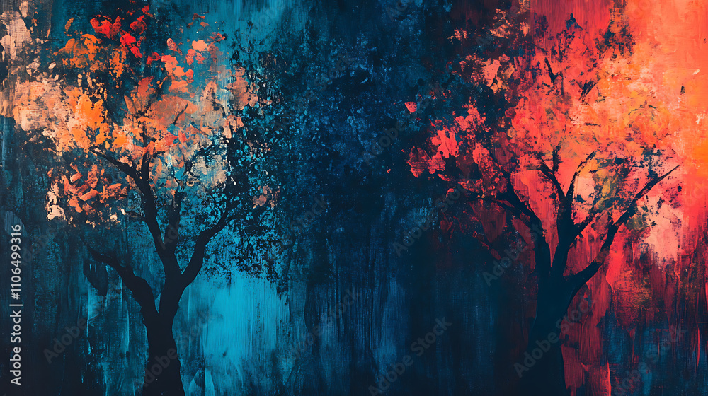Poster trees with a blue, red and orange color abstract art