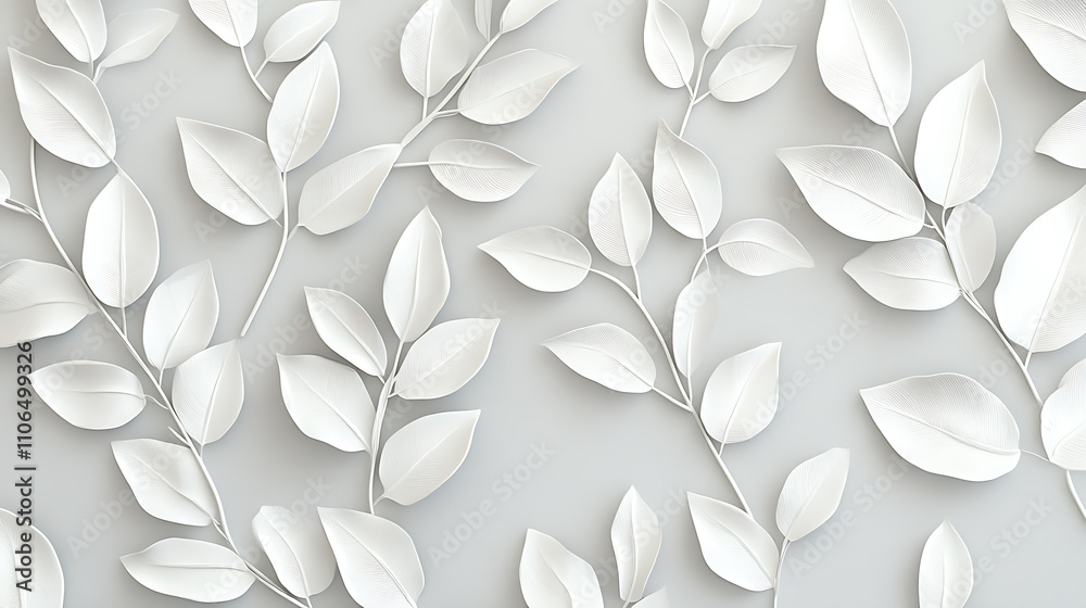 Poster White leaf patterns on light grey background
