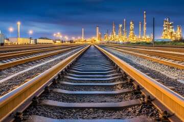 Fototapeta premium Scenic View of Railroad Tracks Leading Towards an Industrial Oil Refinery at Dusk with Illuminated Structures and Cloudy Sky in the Background