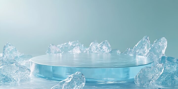 A blue ice sculpture with a clear base and ice blocks surrounding it. Scene is cold and serene