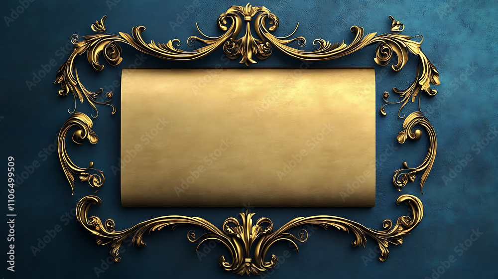 Aufkleber Golden frame with scroll on a blue background