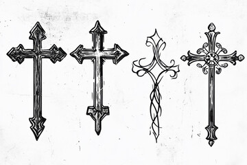 An outline-style design of Christian crosses, hand-drawn cross, a symmetrical cross with geometric precision, a looped cross, and an ornate cross. Black lines on a white background, simple and diverse