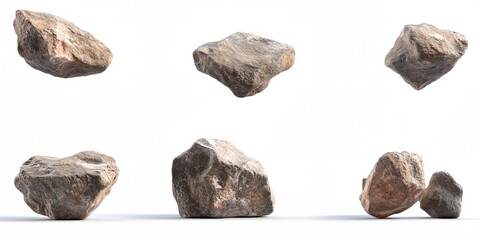 A series of rocks are shown in the air, with one rock being the only one on the ground. The rocks are all different sizes and shapes, and they appear to be floating in the air