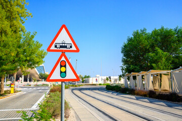 traffic light sign and tram icon on tramway