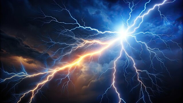 Blazing lightning strike in darkness with electric energy flash light effect, lightning, strike, darkness, electric, energy