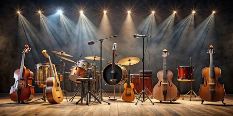 of assorted musical instruments arranged on a stage, stage, music, performance, instruments, orchestra, band