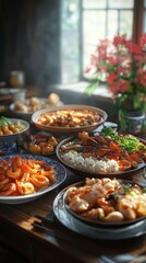 Multiple chinese food dishes on table. chinese food. Ultra realistic. Photorealistic hypermaximalist advertising photography hyper realistic fine detail