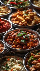 Obraz premium Oriental food - indian takeaway at a london's market. chinese food. Ultra realistic. Photorealistic hypermaximalist advertising photography hyper realistic fine detail