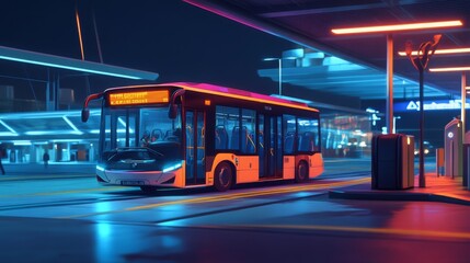 An electric bus is parked at a futuristic transport station, surrounded by colorful neon lights. The scene captures a serene nighttime atmosphere, showcasing advancements in public transportation.