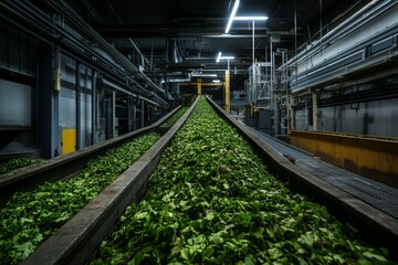 Transportation of Fresh Green Leaves Through Industrial Conveyor System in Modern Processing Facility with Metal Framework and Bright Lighting