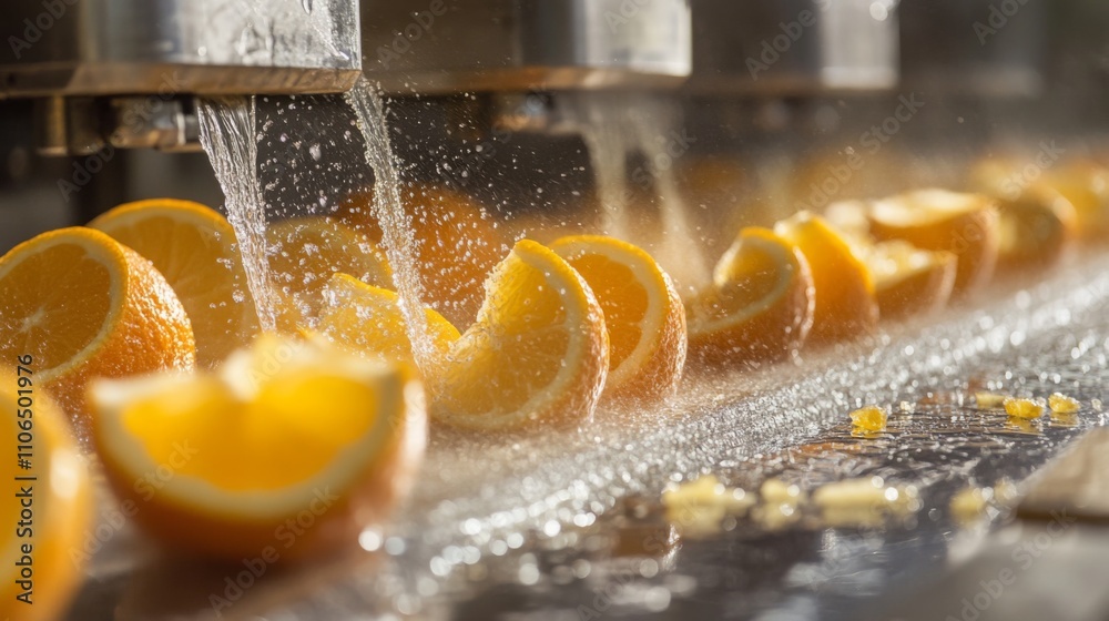 Leinwandbilder bright, ripe oranges are sliced in half and fed into a juicing machine. water flows alongside the fr