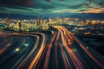 Obraz premium Vibrant Night Scene of an Industrial Cityscape with Flowing Traffic and Illuminated Refineries Beneath a Stunning Twilight Sky
