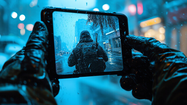 Gloved hands hold a smartphone framing a backpacked figure in a rainy urban street, reflecting blue tones - Powered by Adobe