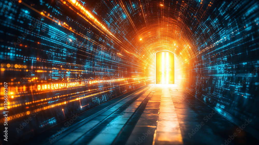 Aufkleber An abstract door in a tunnel with digital data center light signals, symbolizing future computer technology and the concept of a cyber gate in cyberspace or the metaverse