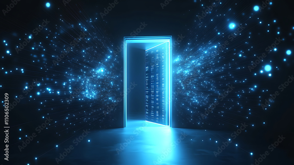 Aufkleber An abstract door in a tunnel with digital data center light signals, symbolizing future computer technology and the concept of a cyber gate in cyberspace or the metaverse