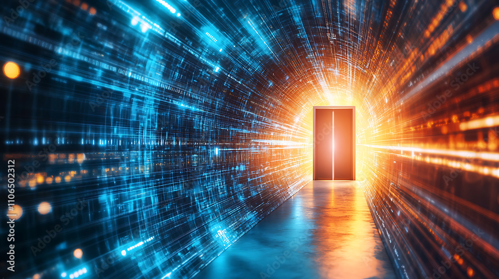 Leinwandbilder An abstract door in a tunnel with digital data center light signals, symbolizing future computer technology and the concept of a cyber gate in cyberspace or the metaverse