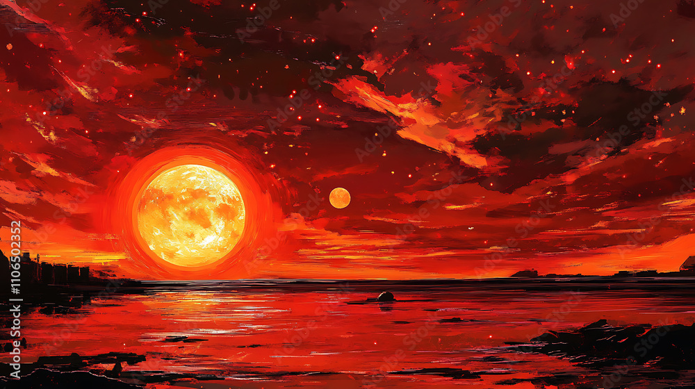 Aufkleber an image featuring a red sky with elements