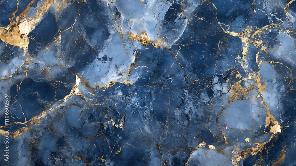 Poster blue marble pattern with grey and gold inclusions, abstract texture and background