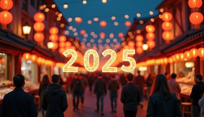 A festive street market filled with glowing lanterns, bustling crowds, and joyful energy, featuring 'Happy 2025' beautifully written in light.