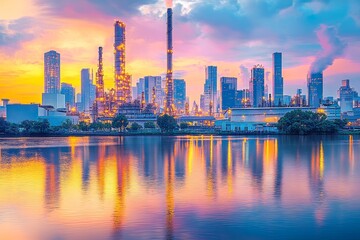 Fototapeta premium Vibrant Sunset View of an Urban Oil Refinery and Skyscrapers Reflected in Calm Water, Showcasing Industrial Innovation Amidst Nature's Beauty