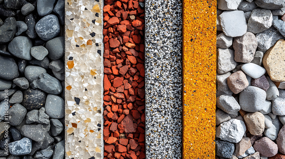 Poster Exposed aggregate concrete with different colored pebbles in close-up