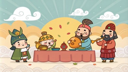 Fototapeta premium The Eight Immortals A colorful assembly of eight legendary figures each with unique attributes gathered around a table laden with mythical treasures. One figure holds a magical