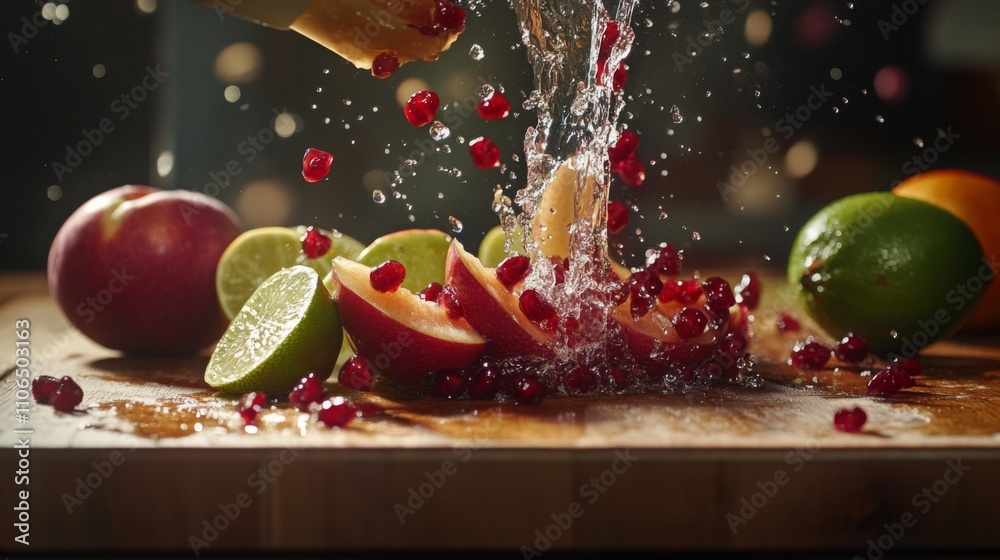 Fototapete juices from freshly cut fruits explode in a splash of color on a wooden countertop. bright apples, l