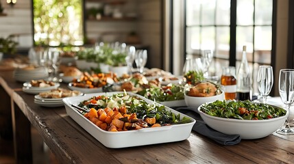 A family-style dining table setup with large platters of roasted vegetables, baked goods, and fresh salads, creating a warm, inviting atmosphere 