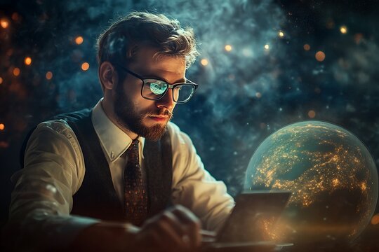 Focused businessman working late at night, concept of global business and innovation.