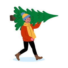 Person carrying a Christmas tree through the snow on a winter day