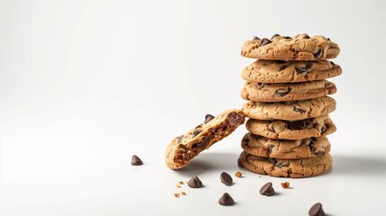 Detailed and photorealistic image of a stack of chocolate chip cookies with one partially eaten

