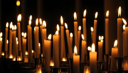 A serene world of candles in the deep night, with flicking flame and warm harmony.