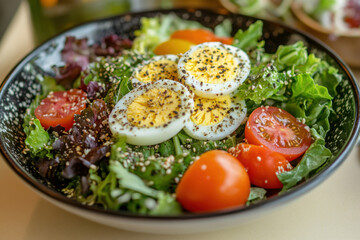  salad bowl with hard-boiled egg slices on top, surrounded by fresh greens, tomatoes, and a sprinkle of seeds, promoting health and balance