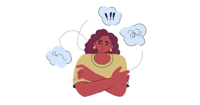 Woman with mental health problem. Moving banner with scared young girl. Psychological trauma and disorder. Person with panic attack. Sadness and depression. Cartoon flat animated graphics