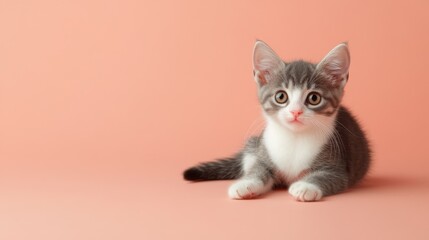 Adorable Munchkin Kitten with White Chest on Pink Background