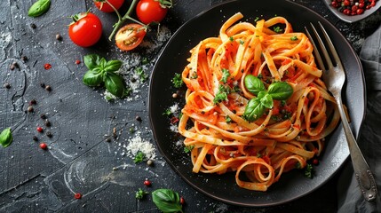 A plate of pasta with tomato sauce, garnished with basil and surrounded by fresh ingredients.