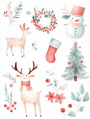 Cute Christmas decorations in feminine pastel colors in clip art style, reindeer, snowman, socks, tree and hanging colorful decoration wreath, Santa hat, man shaped candy, red tree berries,