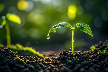 Young plant springing up out of the soil with dew drop