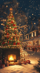 Obraz premium Experience the magic of a cozy Christmas night, as the crackling fireplace casts a warm glow on the festive decorations and the sound of carolers echoes through the neighborhood 