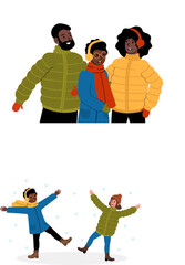 Friends enjoying winter fun while playing in the snow outdoors in cozy outfits