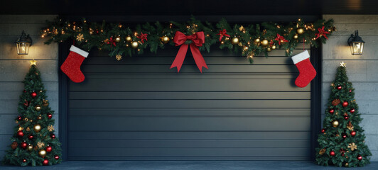 European and American roller shutter garage door filled with Christmas decorations. The top and sides of the garage door are decorated with green pine branch garlands, and the garlands are hung 